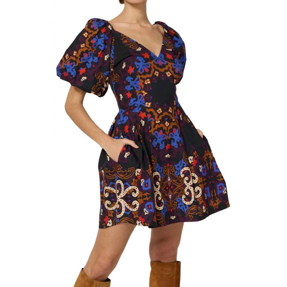 Cleobella Black Mini Dress with Blue, Purple, Brown and Cream Print